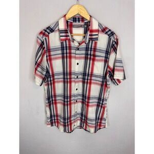 Icebreaker Merino Wool Plaid Short Sleeve Button Down Shirt Mens Medium Red Blue